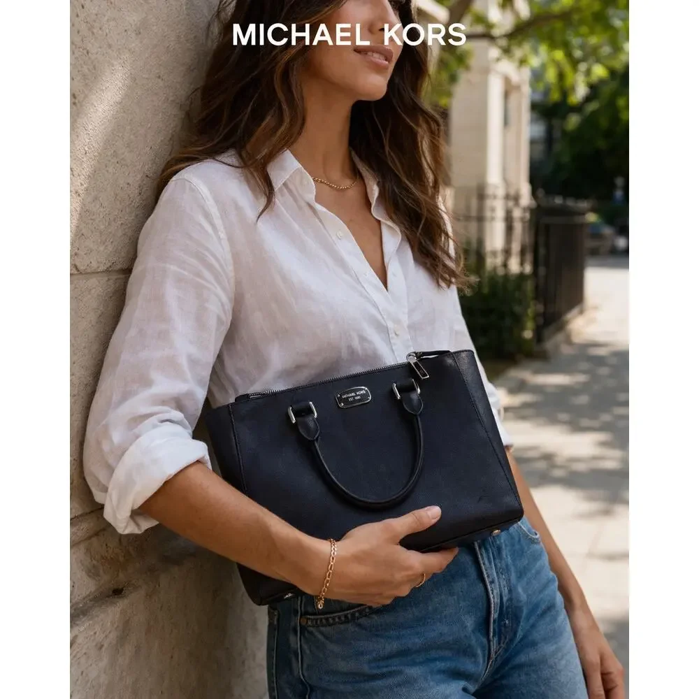 Michael Kors Saffiano Leather Structured Satchel – Black/Silver
